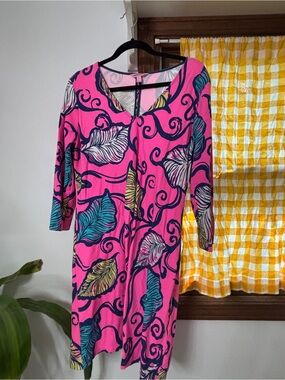 Lilly Pulitzer Hot Pink Tropical Leaf Print Dress with Teal and Yellow Accents